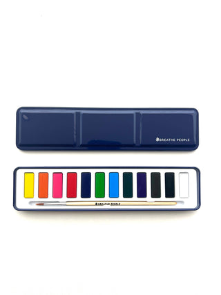 Watercolor Set- 12 Artist Grade Color Tin + Wood Paintbrush